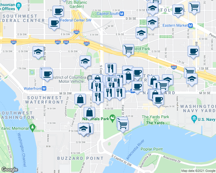map of restaurants, bars, coffee shops, grocery stores, and more near 101 Independence Avenue Southeast in Washington