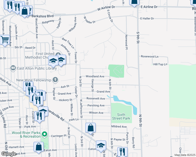 map of restaurants, bars, coffee shops, grocery stores, and more near 454 Woodland Avenue in Wood River