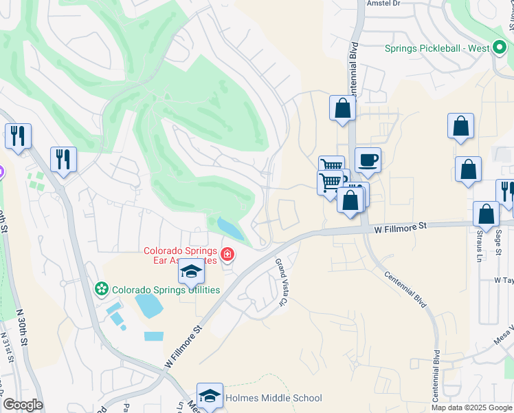 map of restaurants, bars, coffee shops, grocery stores, and more near 3150 Sheiks Place in Colorado Springs