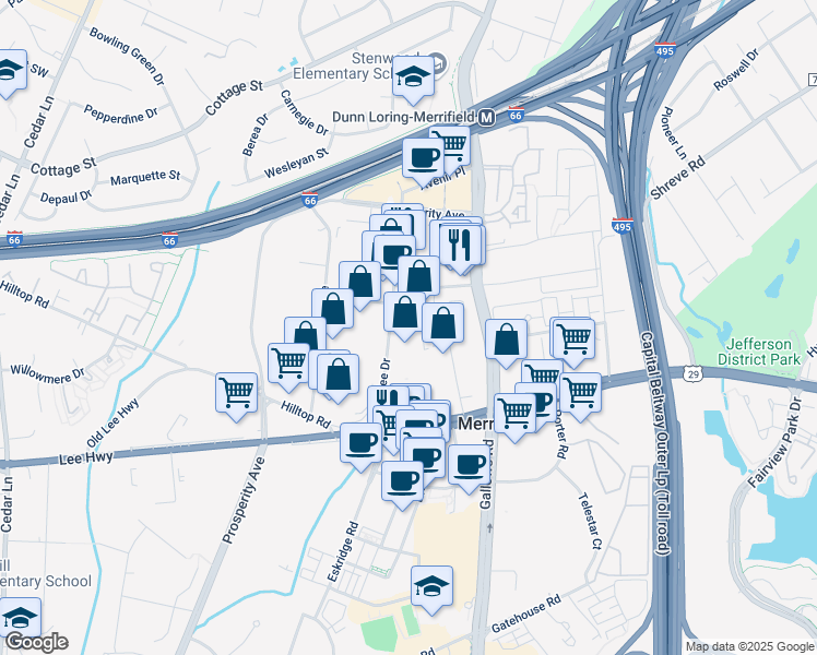 map of restaurants, bars, coffee shops, grocery stores, and more near 2805 Merrilee Drive in Fairfax
