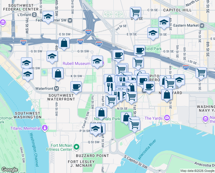 map of restaurants, bars, coffee shops, grocery stores, and more near 20 L Street Southwest in Washington