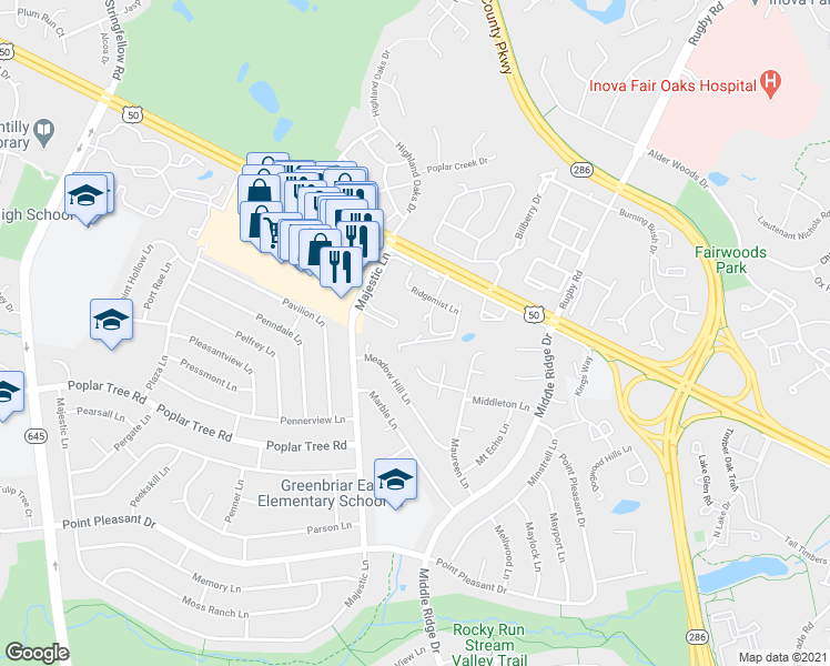 map of restaurants, bars, coffee shops, grocery stores, and more near 12941A Grays Pointe Road in Fairfax