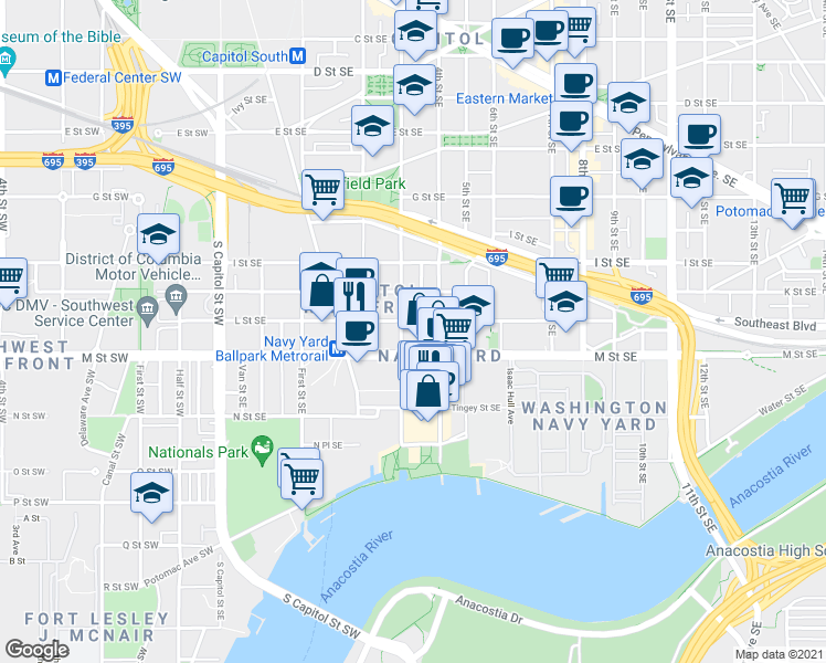 map of restaurants, bars, coffee shops, grocery stores, and more near 101 Independence Avenue Southeast in Washington