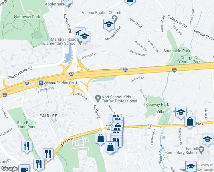 map of restaurants, bars, coffee shops, grocery stores, and more near 2887 Swanee Lane in Fairfax