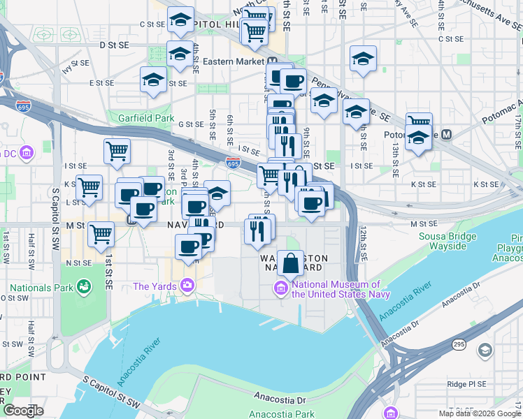 map of restaurants, bars, coffee shops, grocery stores, and more near 707 L Street Southeast in Washington