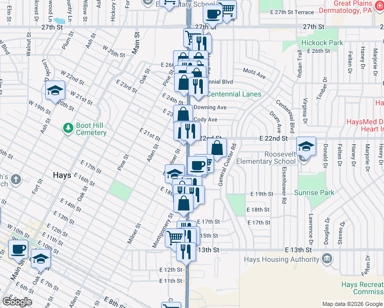 map of restaurants, bars, coffee shops, grocery stores, and more near 2010 Vine Street in Hays
