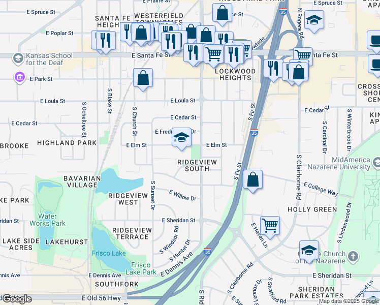 map of restaurants, bars, coffee shops, grocery stores, and more near 1201 East Elm Street in Olathe