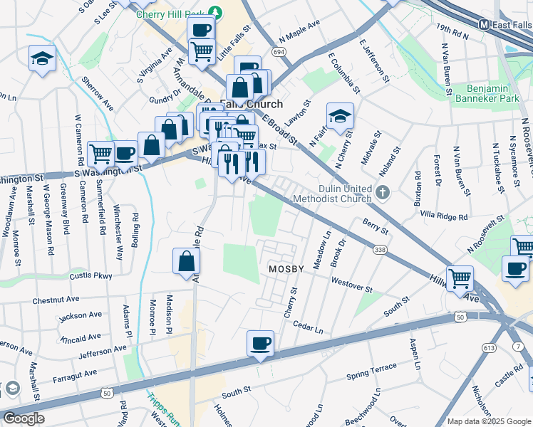 map of restaurants, bars, coffee shops, grocery stores, and more near 300 Hillwood Avenue in Falls Church