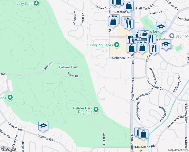 map of restaurants, bars, coffee shops, grocery stores, and more near 3417 Parkmoor Village Drive in Colorado Springs