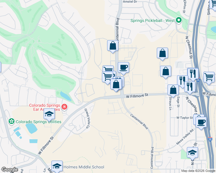 map of restaurants, bars, coffee shops, grocery stores, and more near 3250 Centennial Boulevard in Colorado Springs