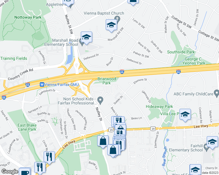 map of restaurants, bars, coffee shops, grocery stores, and more near 2887 Swanee Lane in Fairfax