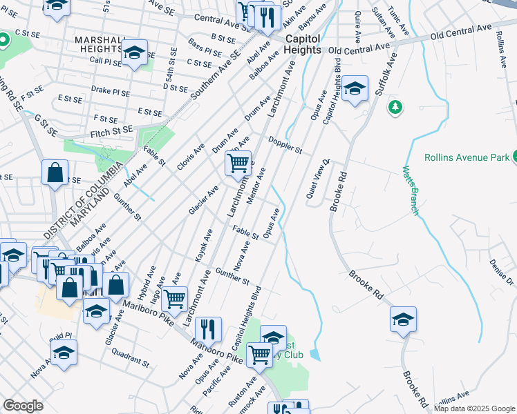 map of restaurants, bars, coffee shops, grocery stores, and more near 905 Nova Avenue in Capitol Heights