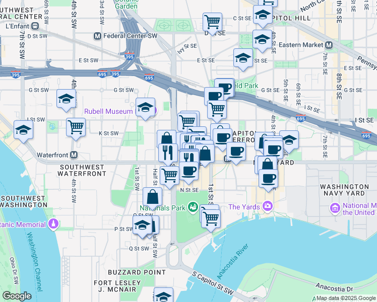 map of restaurants, bars, coffee shops, grocery stores, and more near 41 L Street Southeast in Washington
