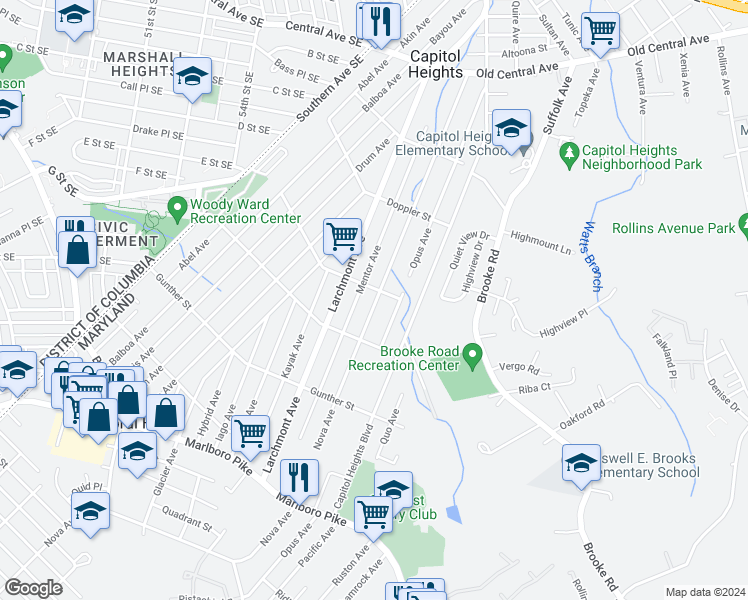 map of restaurants, bars, coffee shops, grocery stores, and more near 905 Nova Avenue in Capitol Heights