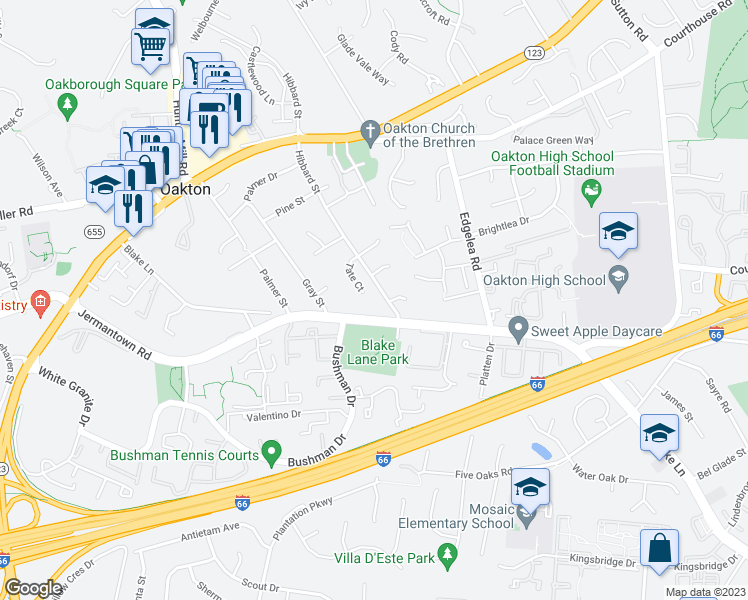 map of restaurants, bars, coffee shops, grocery stores, and more near 2954 Hibbard Street in Oakton