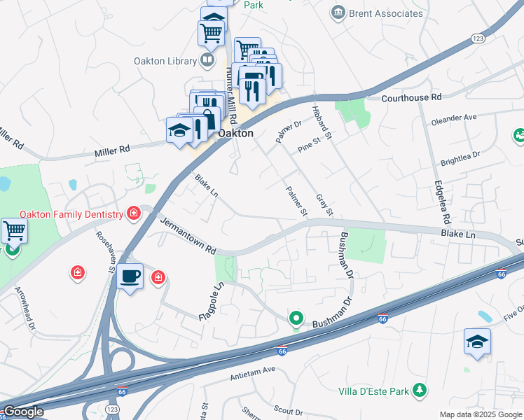 map of restaurants, bars, coffee shops, grocery stores, and more near 10220 State Route 655 in Oakton