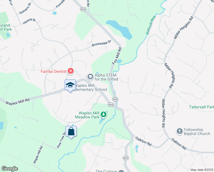 map of restaurants, bars, coffee shops, grocery stores, and more near 3400 Fox Mill Road in Oakton