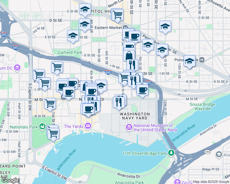 map of restaurants, bars, coffee shops, grocery stores, and more near 101 Independence Avenue Southeast in Washington