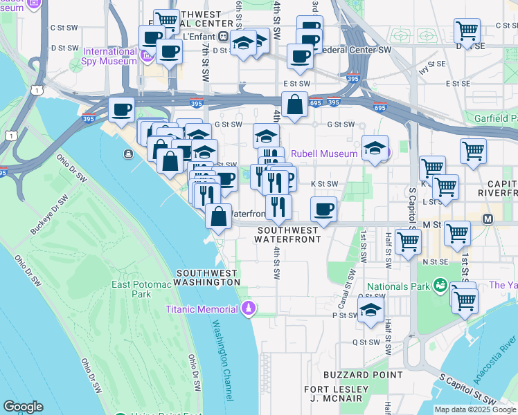 map of restaurants, bars, coffee shops, grocery stores, and more near 1151 4th Street Southwest in Washington
