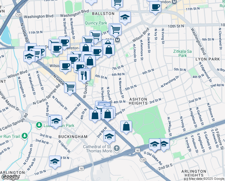 map of restaurants, bars, coffee shops, grocery stores, and more near 512 North Oakland Street in Arlington