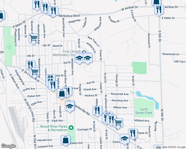 map of restaurants, bars, coffee shops, grocery stores, and more near 159 Red Bud Drive in Wood River
