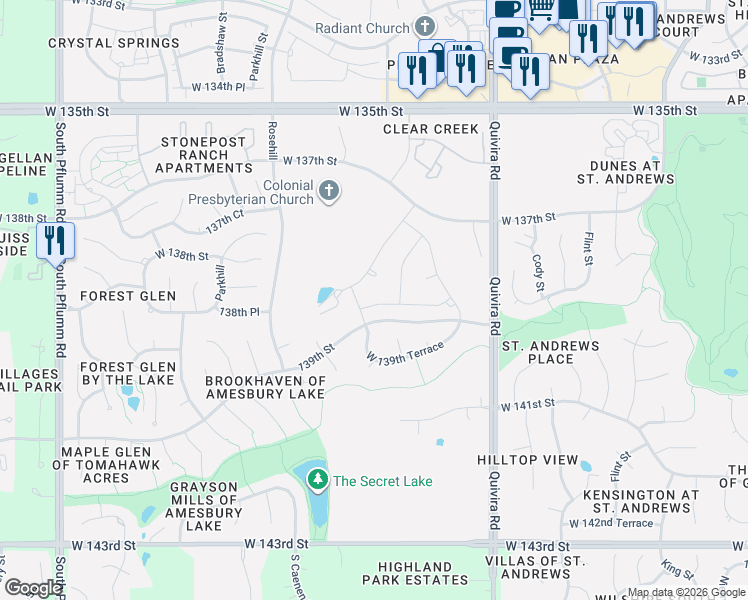 map of restaurants, bars, coffee shops, grocery stores, and more near 12400 139th Street in Overland Park