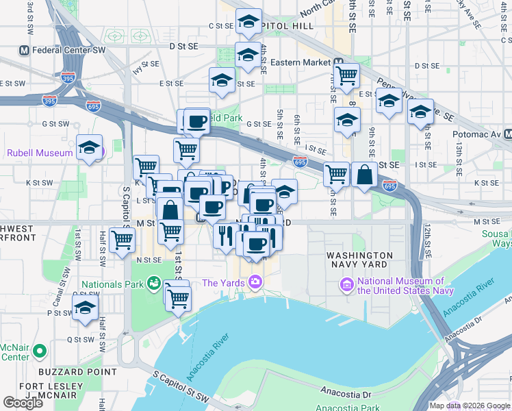map of restaurants, bars, coffee shops, grocery stores, and more near 101 Independence Avenue Southeast in Washington
