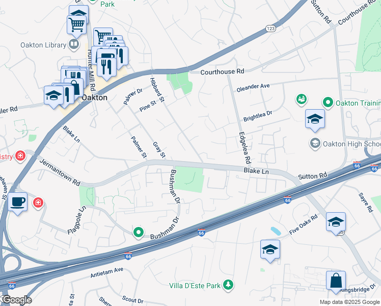 map of restaurants, bars, coffee shops, grocery stores, and more near 2954 Hibbard Street in Oakton