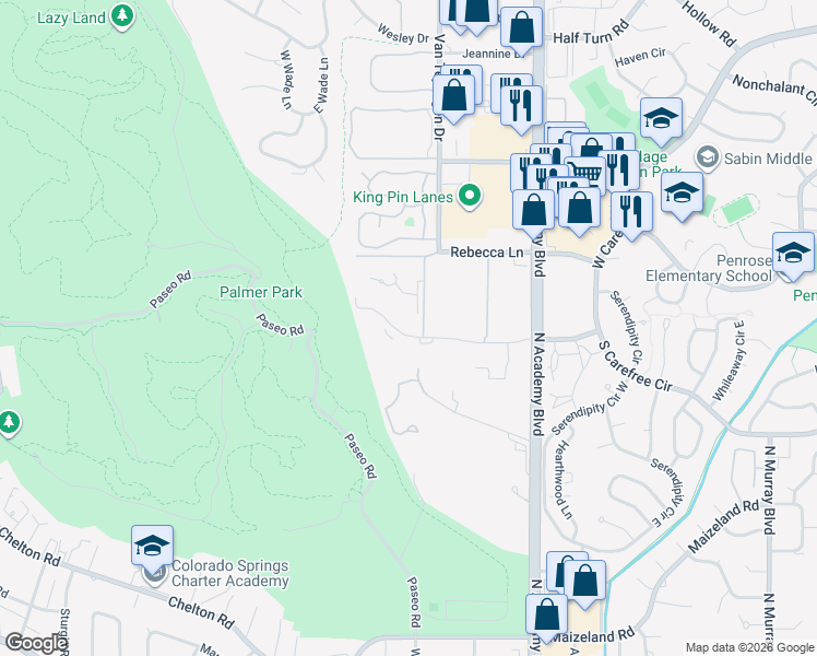 map of restaurants, bars, coffee shops, grocery stores, and more near 3578 Parkmoor Village Drive in Colorado Springs