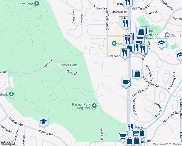 map of restaurants, bars, coffee shops, grocery stores, and more near 3413 Parkmoor Village Drive in Colorado Springs