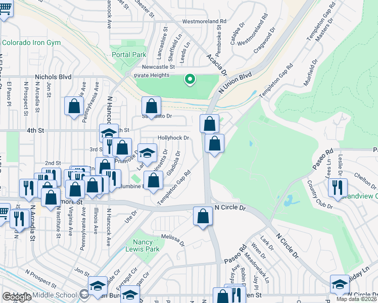 map of restaurants, bars, coffee shops, grocery stores, and more near 1546 Hollyhock Drive in Colorado Springs
