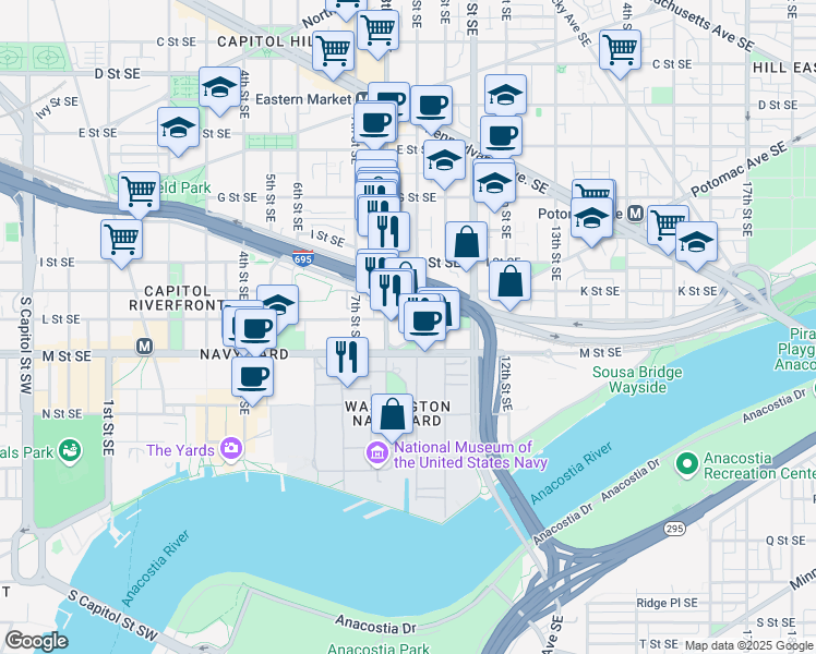 map of restaurants, bars, coffee shops, grocery stores, and more near 101 Independence Avenue Southeast in Washington