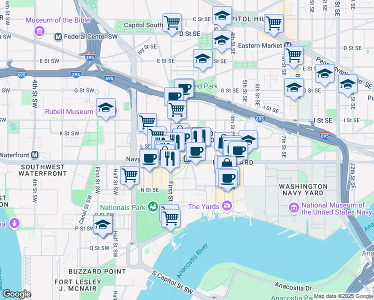 map of restaurants, bars, coffee shops, grocery stores, and more near 101 Independence Avenue Southeast in Washington