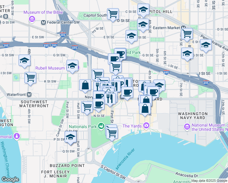 map of restaurants, bars, coffee shops, grocery stores, and more near 101 Independence Avenue Southeast in Washington