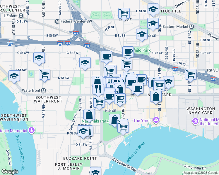 map of restaurants, bars, coffee shops, grocery stores, and more near 101 Independence Avenue Southeast in Washington
