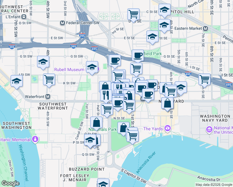 map of restaurants, bars, coffee shops, grocery stores, and more near 101 Independence Avenue Southeast in Washington