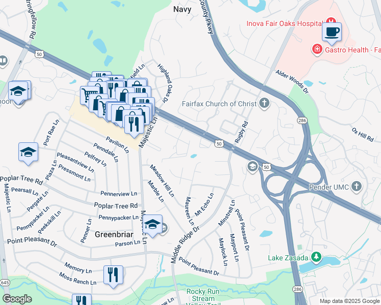map of restaurants, bars, coffee shops, grocery stores, and more near 12918 Grays Pointe Road in Fairfax