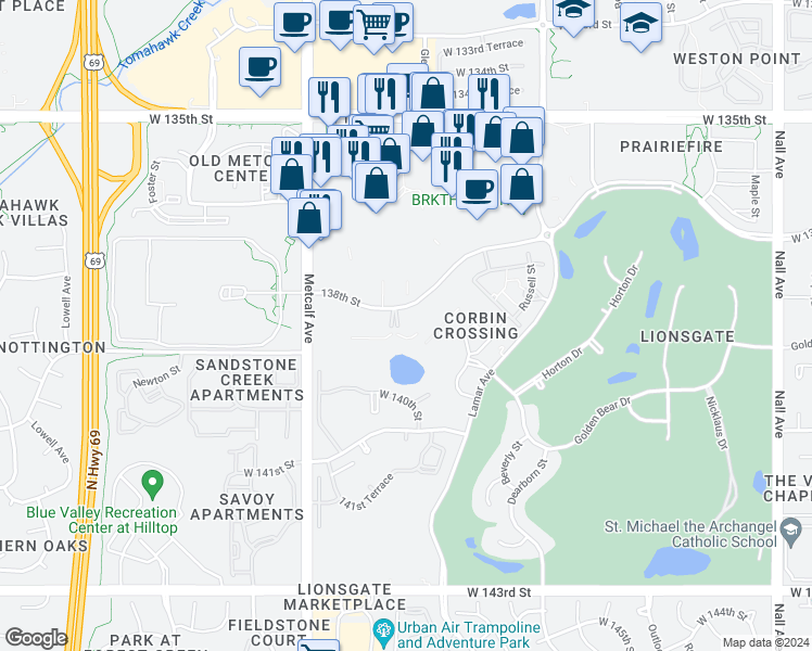map of restaurants, bars, coffee shops, grocery stores, and more near 6771 West 138th Terrace in Overland Park
