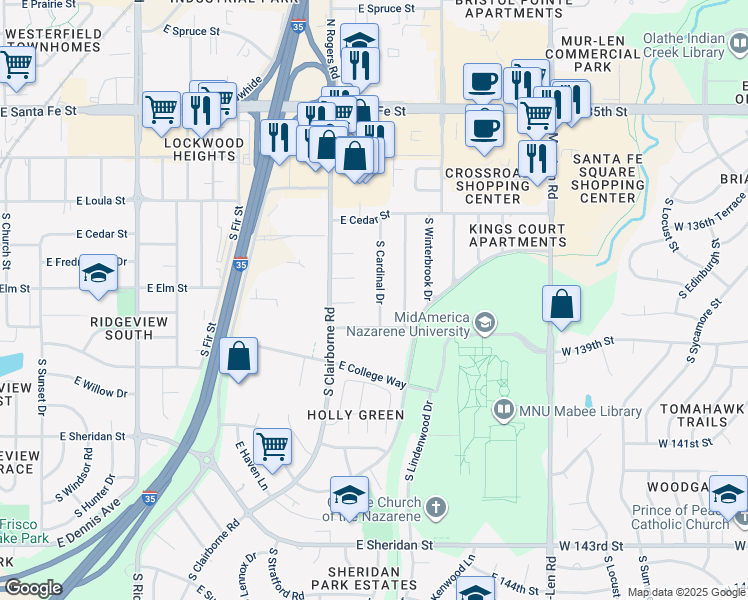 map of restaurants, bars, coffee shops, grocery stores, and more near 508 South Cardinal Drive in Olathe