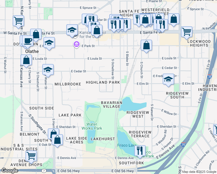 map of restaurants, bars, coffee shops, grocery stores, and more near 4415 South Ocheltree Street in Olathe