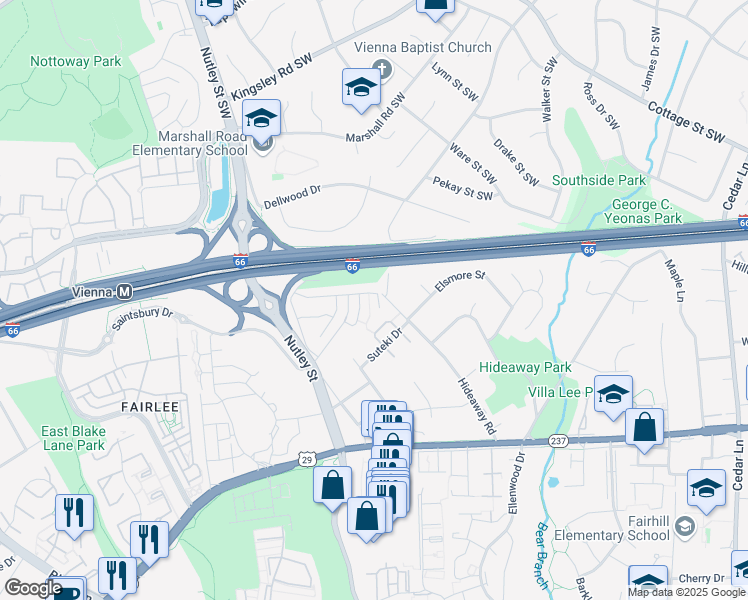 map of restaurants, bars, coffee shops, grocery stores, and more near 9185 Topaz Street in Fairfax