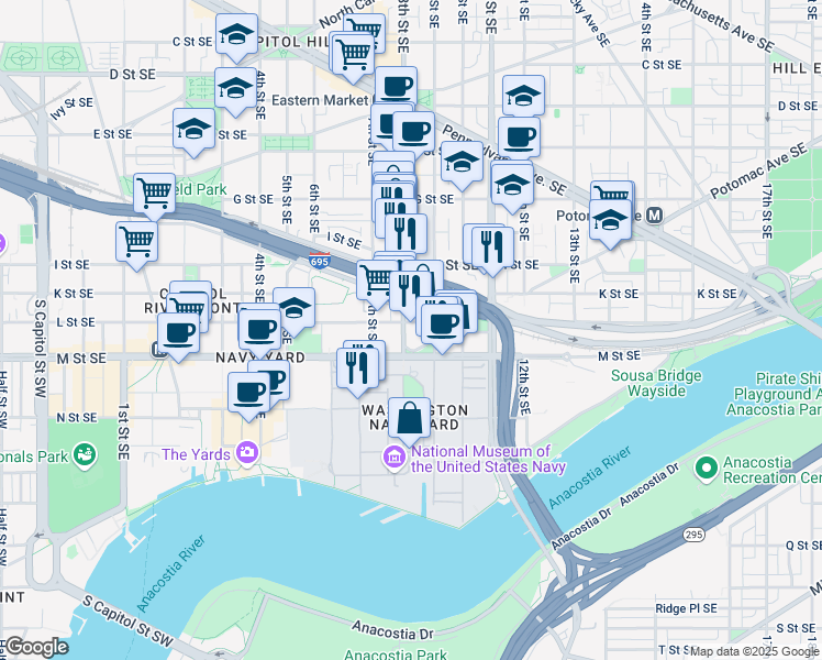 map of restaurants, bars, coffee shops, grocery stores, and more near 101 Independence Avenue Southeast in Washington