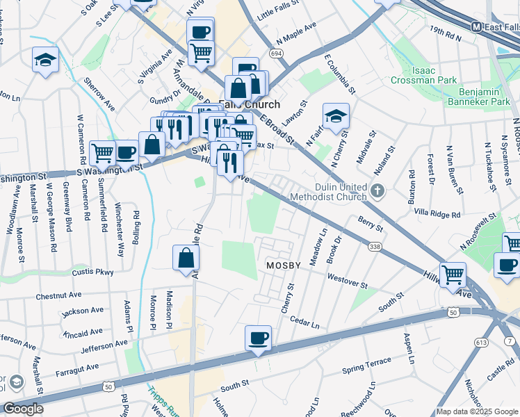 map of restaurants, bars, coffee shops, grocery stores, and more near 300 Hillwood Avenue in Falls Church