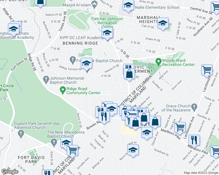 map of restaurants, bars, coffee shops, grocery stores, and more near 1136 46th Street Southeast in Washington