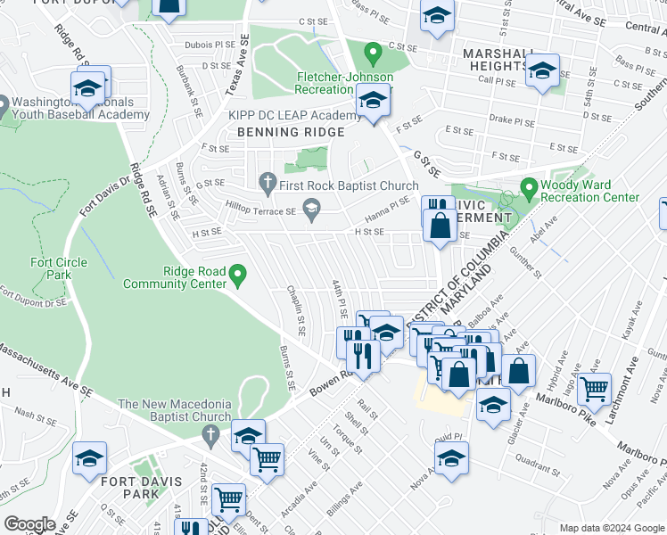 map of restaurants, bars, coffee shops, grocery stores, and more near 1140 44th Place Southeast in Washington