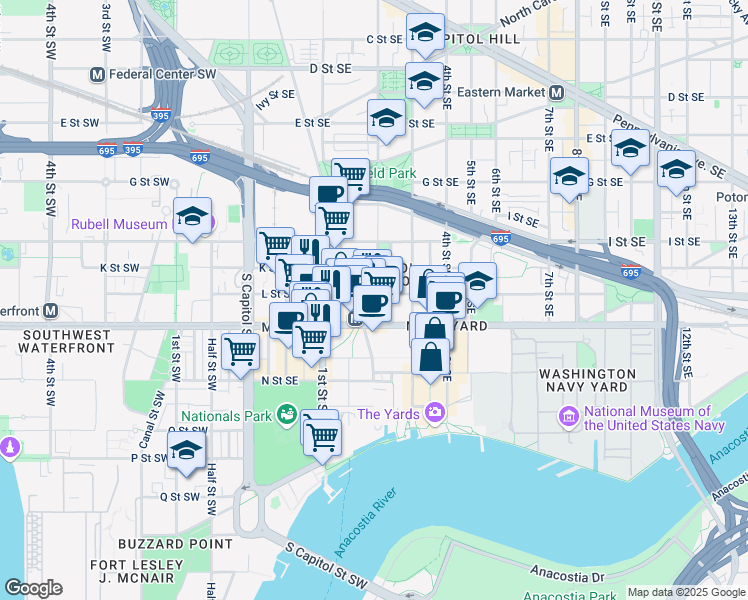 map of restaurants, bars, coffee shops, grocery stores, and more near 1100 New Jersey Avenue Southeast in Washington
