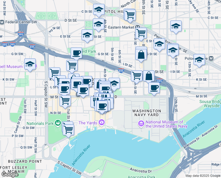 map of restaurants, bars, coffee shops, grocery stores, and more near 421 L Street Southeast in Washington