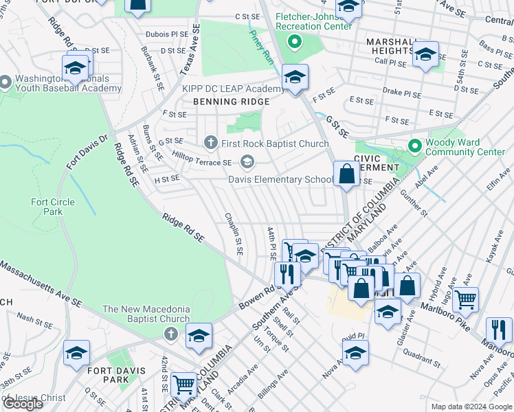 map of restaurants, bars, coffee shops, grocery stores, and more near 1137 44th Place Southeast in Washington