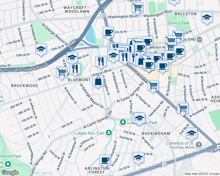 map of restaurants, bars, coffee shops, grocery stores, and more near 645 North Abingdon Street in Arlington
