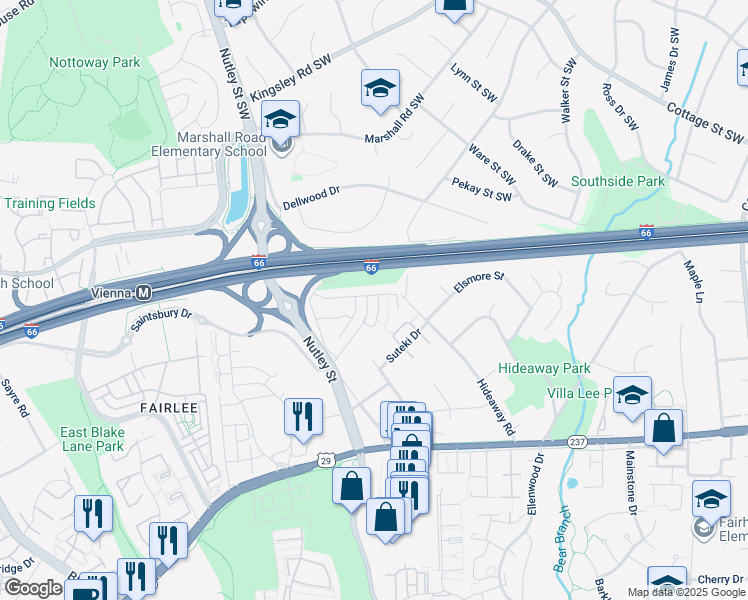 map of restaurants, bars, coffee shops, grocery stores, and more near 2885 Swanee Lane in Fairfax